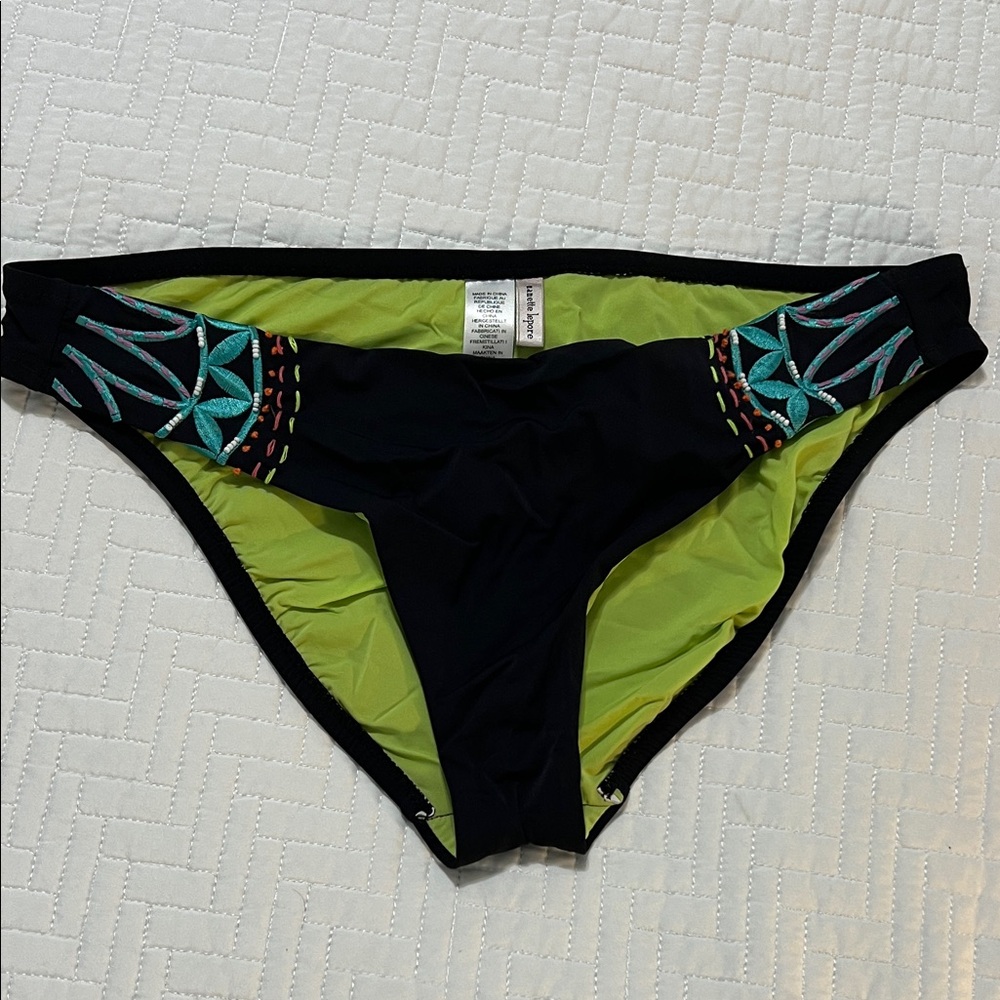 Nanette Lepore Black and Green Bikini Bottom with Embroidered Details